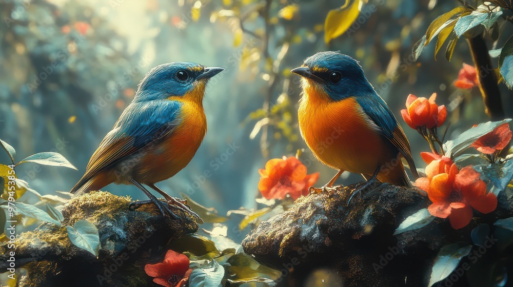 Two birds are perched on a rock in a lush green forest Two birds are perched on a rock in a lush green forest