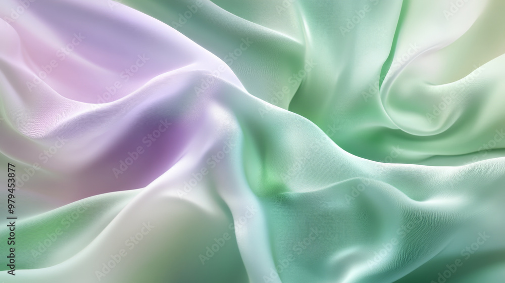 Obraz premium Soft, flowing silk in pastel shades of green and lavender, creating a dreamy, abstract background with gentle folds and dynamic curves.