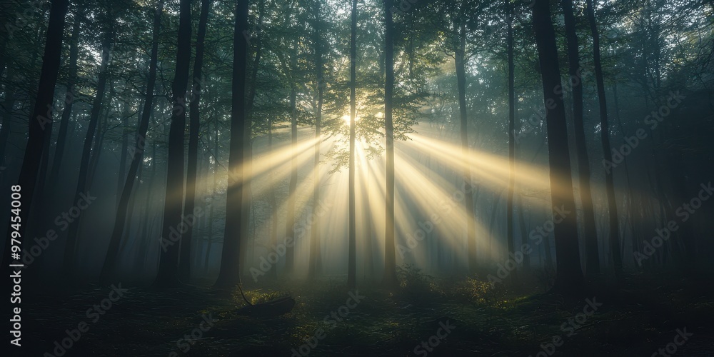 Naklejka premium A serene forest scene illuminated by sun rays, creating a mystical atmosphere with mist and towering trees.