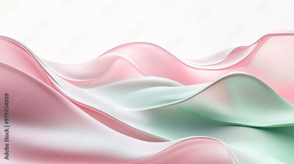 Fototapeta premium Soft, fluid 3D waves in pastel pink and green, gently flowing across a bright white background with subtle light reflections and shadows to enhance the sense of motion.