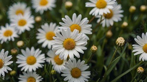 White and yellow daisy flowers growing in green grass Generative AI