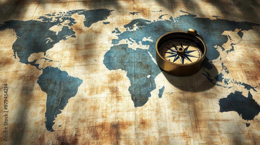 Fototapeta premium Shadow of a compass cast on a faded world map, creating a mysterious atmosphere