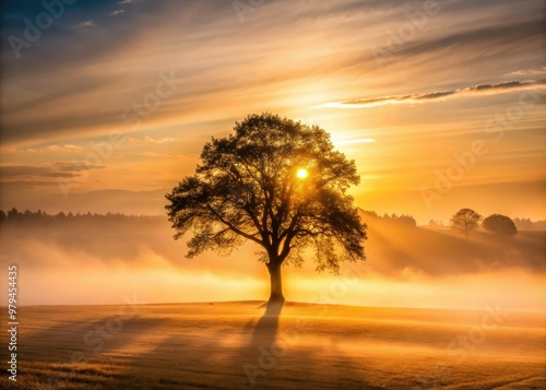 atmospheric lonely tree on deserted misty dawn landscape with warm golden light and deep shadows, emphasizing climate change and human disconnection