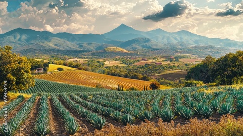 Agave fields view. Vanishing point perspective. Colorful landscape with agave. photo