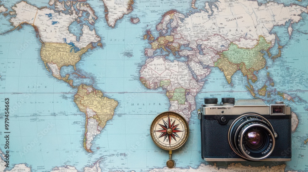 Obraz premium Travel-themed flat lay with a compass, vintage world map, and an old camera