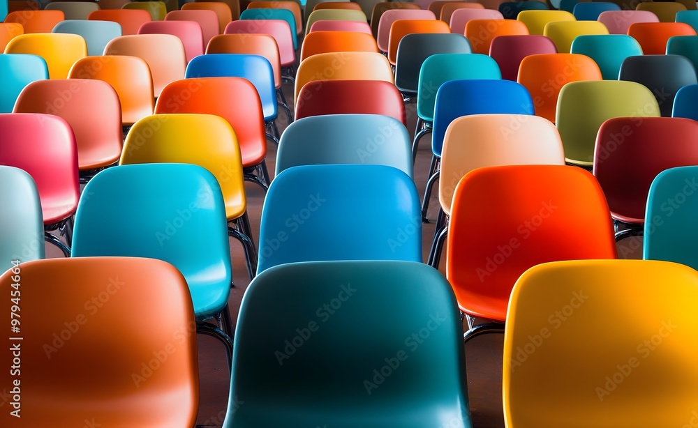 Naklejka premium Colorful chairs arranged in rows, perfect for an auditorium or conference setting
