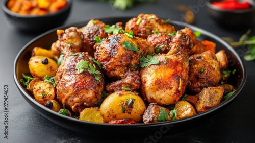 Deliciously spiced baked chicken drumsticks with roasted potatoes, garnished with fresh herbs. Perfect for a hearty meal.