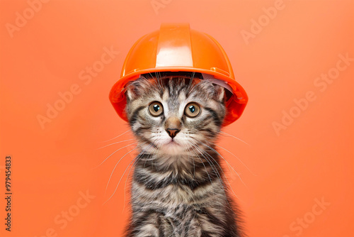 A curious kitten wearing an orange construction helmet, sitting against a bright orange background.