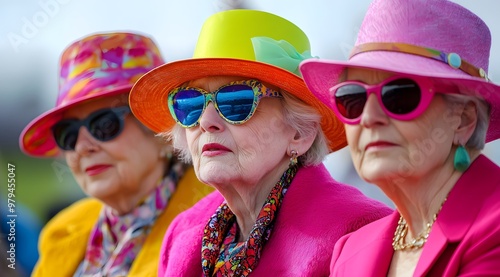 Three elderly women wearing colorful hats and sunglasses at the Royal Ascot in London, all dressed up for an English race day photo