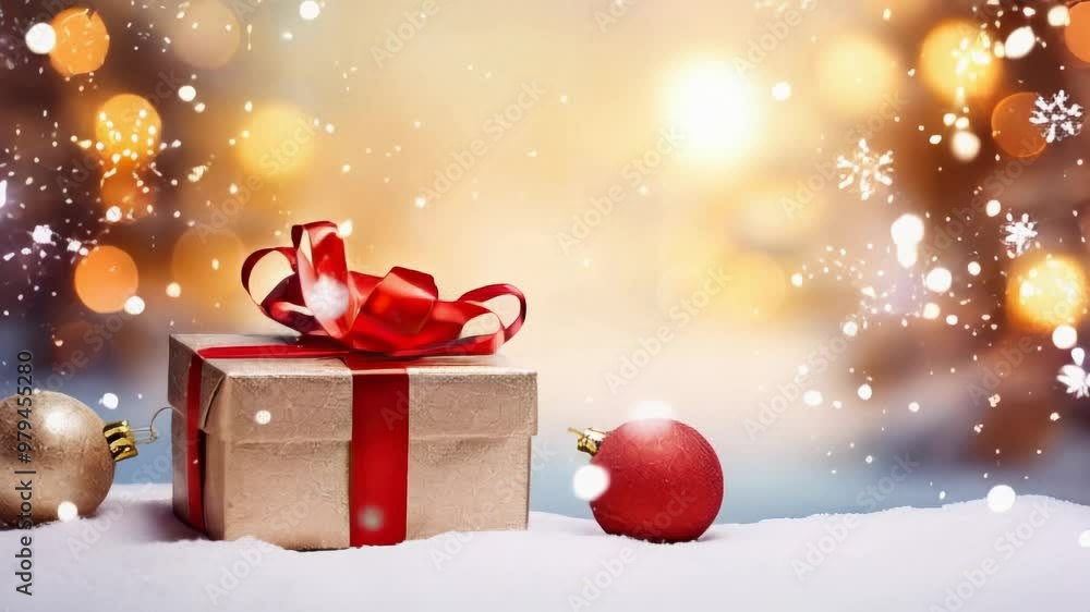 Christmas gift box with red ribbon in snow, Christmas gift box with red ribbon in snow,