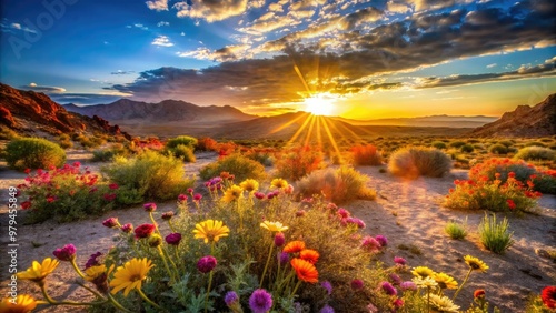 vibrant chromatic blooming dunescape bold colorful flowers sprouting from arid sandy dunes warm vivid sunlight dramatic shadows intricate textures rustic atmosphere photo