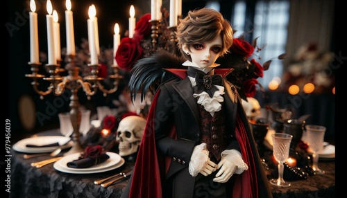 A gothic-themed table setting featuring a doll dressed in an elegant vampire costume with a dramatic cape, surrounded by candles, skulls, and a lavish banquet setup.

 photo