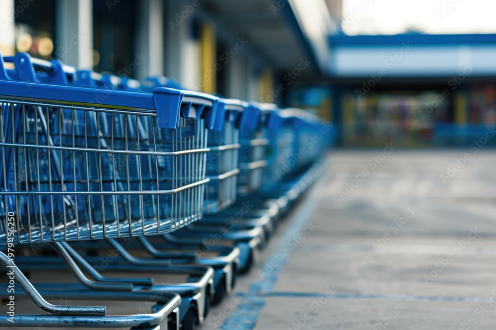 Row of empty shopping blue carts lined up outside a supermarket, symbolizing consumerism, retail organization, and the anticipation of customer activity Row of empty shopping blue carts lined up outside a supermarket, symbolizing consumerism, retail organization, and the anticipation of customer activity