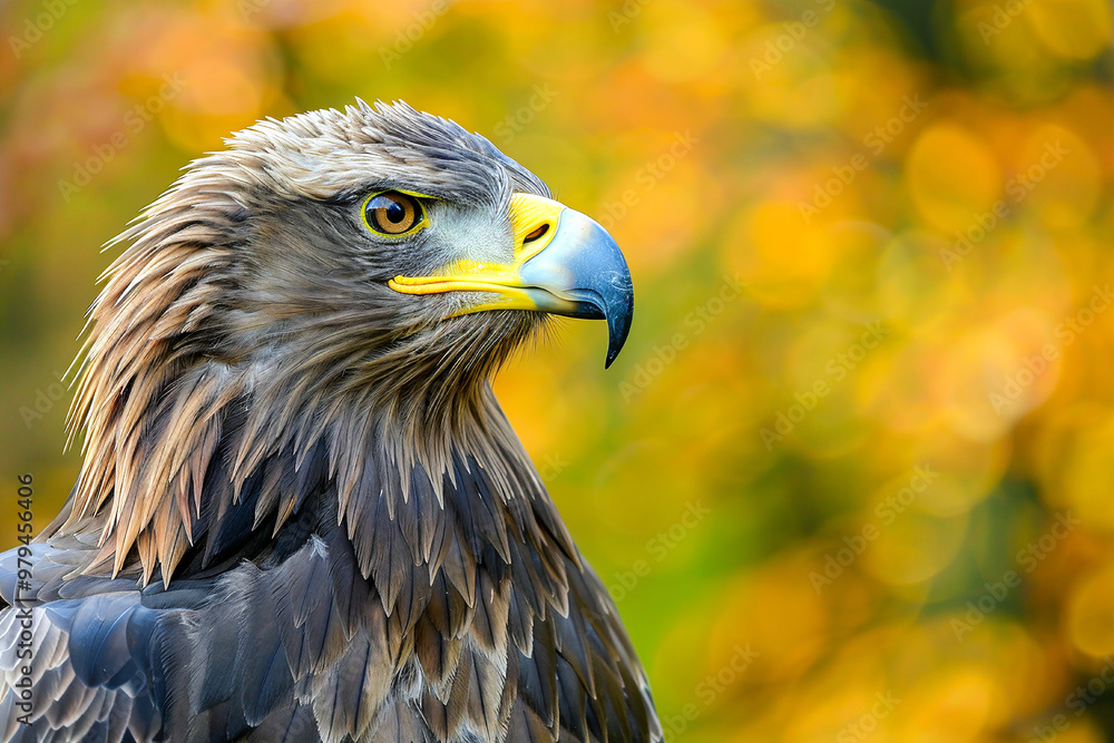 Fototapeta premium A majestic eagle with sharp yellow eyes and a powerful beak, posing against a blurred autumn background.
