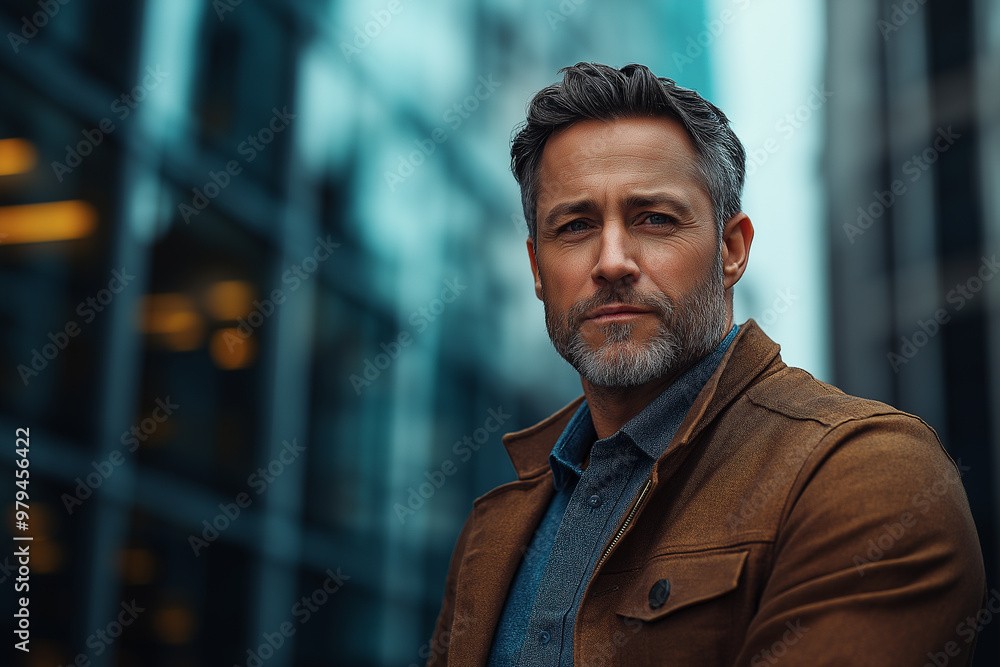 Confident Middle Age Businessman Standing in the Street in front of Modern Office Buildings Confident Middle Age Businessman Standing in the Street in front of Modern Office Buildings