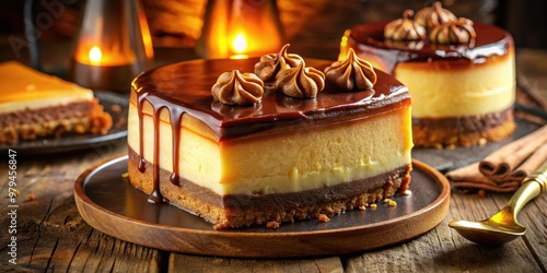 GoldenHourGlamour Warm soft focus on rich triple-layered cheesecake with caramelized sugar and melted chocolate photo