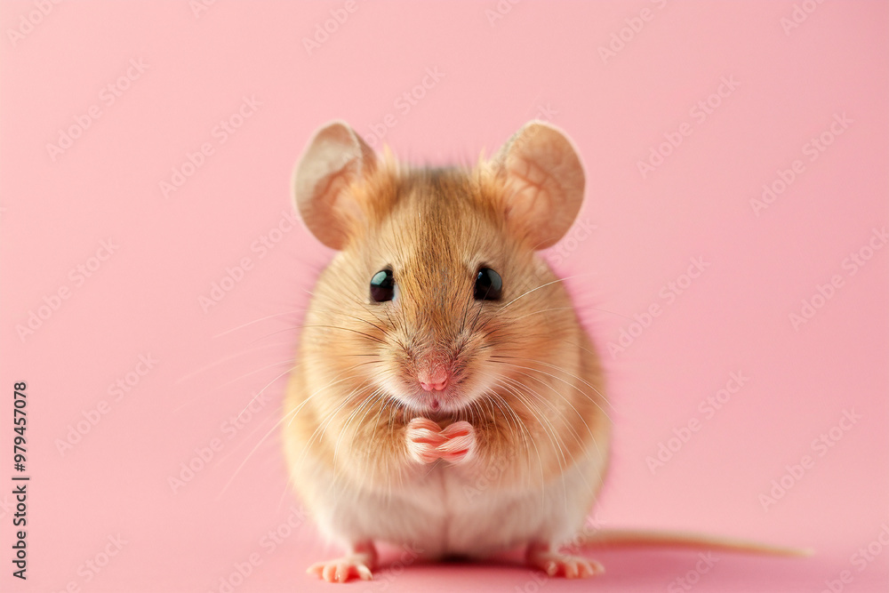 A cute mouse sitting on its hind legs, looking forward with tiny paws folded, against a pink background. A cute mouse sitting on its hind legs, looking forward with tiny paws folded, against a pink background.