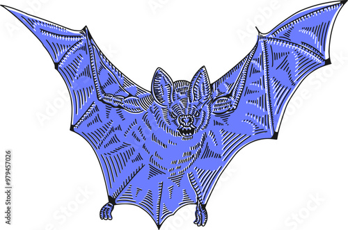 fine engraving showcases a striking blue bat, its silhouette highlighted with thick black lines.