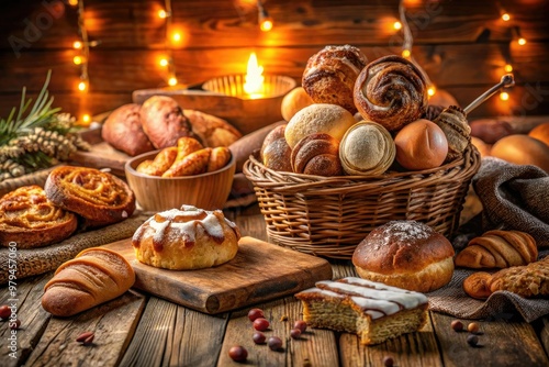 Fragrant freshly baked goods artistic styling rustic wooden background warm golden light cozy inviting atmosphere comforting homemade feel