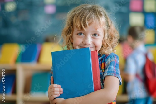 Full of cheer girl leans happily pile of colorful books. Cute child smiling brightly surrounded colorful books class. Playful spirit learning environment.