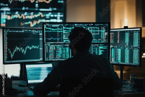 Stock Trader Analyzing Financial Data on Multiple Screens