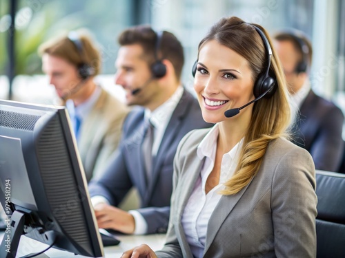 Smiling female agent wearing a professional headset, focused on her computer screen, in a bustling call center or customer support office setting.