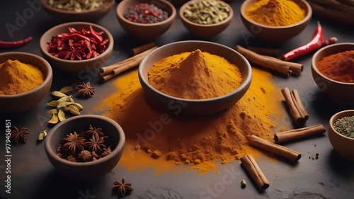 Sri lankan spices and herbs on the table,Ayurveda health food spices,food photography concept.