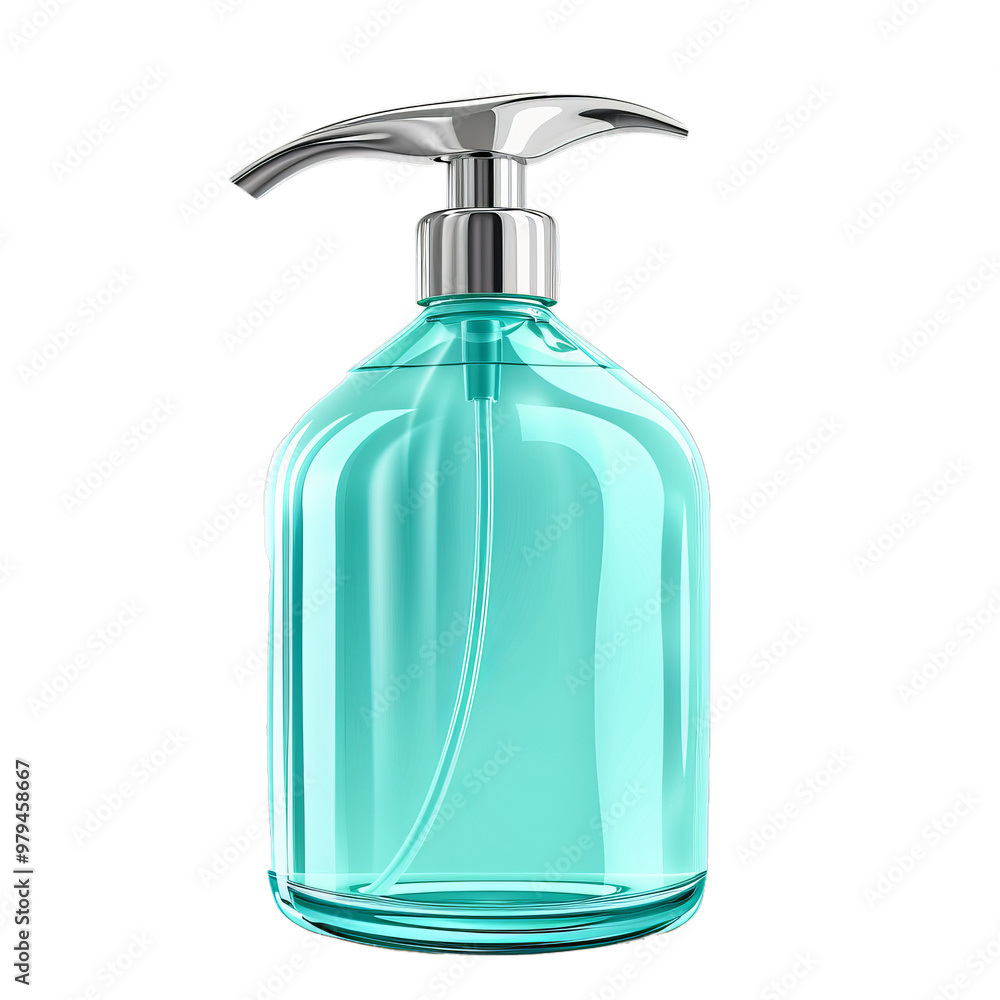 Turquoise transparent plastic bottle with a metallic dispenser pump, containing liquid soap or shower gel, isolated on a white background Turquoise transparent plastic bottle with a metallic dispenser pump, containing liquid soap or shower gel, isolated on a white background