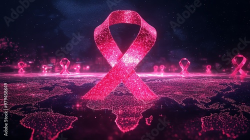 Global network of pink ribbons across continents, Breast Cancer Awareness Month symbolizing worldwide unity and action photo