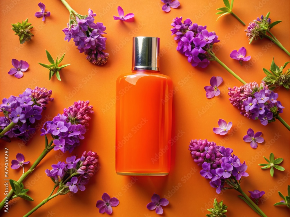 Vibrant orange background featuring a bottle of rich purple lotion surrounded by delicate purple flowers, evoking a sense of relaxation and pampering. Vibrant orange background featuring a bottle of rich purple lotion surrounded by delicate purple flowers, evoking a sense of relaxation and pampering.