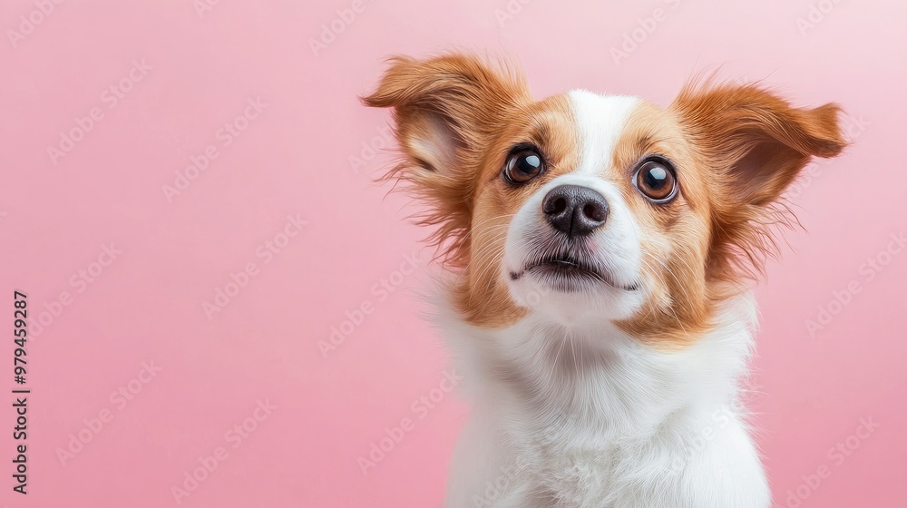 small dog with floppy ears sitting on a soft pastel pink background, looking up with big, round eyes and a gentle expression small dog with floppy ears sitting on a soft pastel pink background, looking up with big, round eyes and a gentle expression