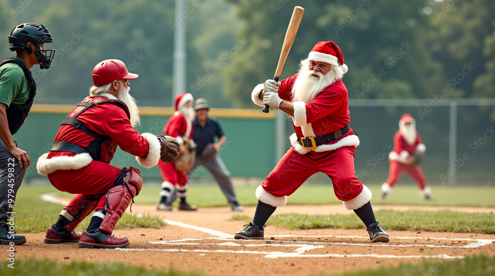 Fototapeta premium A man dressed as Santa Claus swinging a baseball bat at a baseball game