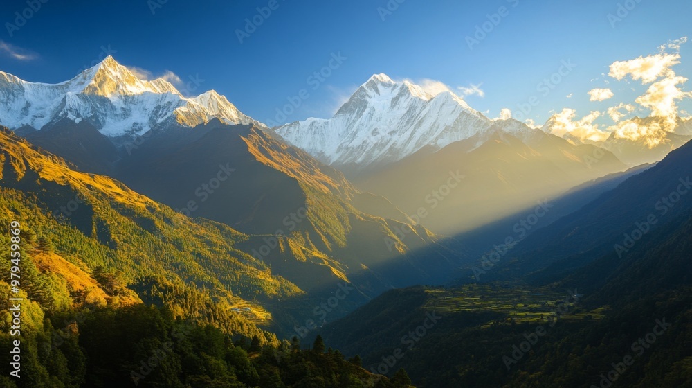 A panoramic view of towering snow-capped peaks bathed in golden sunlight, with clear blue skies and lush green valleys below, showcasing the grandeur of high mountain ranges. A panoramic view of towering snow-capped peaks bathed in golden sunlight, with clear blue skies and lush green valleys below, showcasing the grandeur of high mountain ranges.