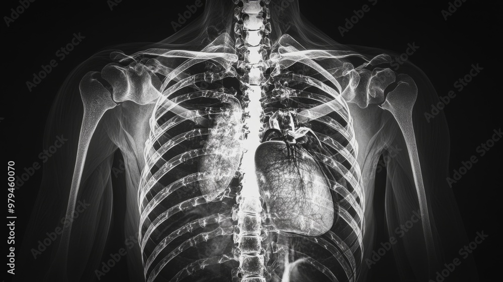 A panoramic X-ray image of a human torso, displaying the rib cage, heart, and lungs, with a focus on the detailed anatomical structures and clarity.