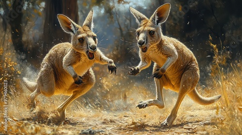 Two kangaroos are running in the wild photo