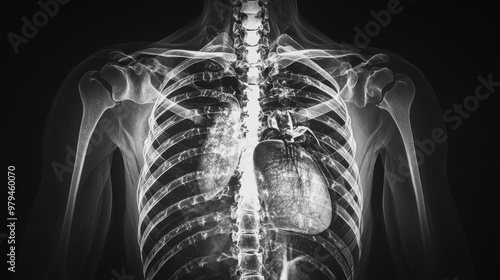 A panoramic X-ray image of a human torso, displaying the rib cage, heart, and lungs, with a focus on the detailed anatomical structures and clarity. photo