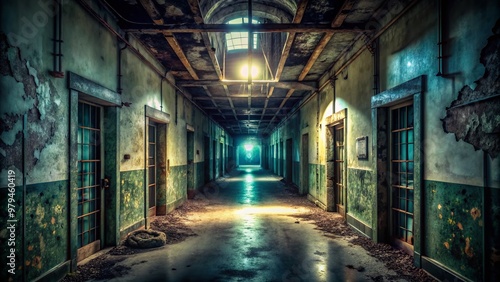 Ominous abandoned asylum corridor with flickering fluorescent lights, eerie shadows, and a sense of foreboding dread, perfect for horror movie or haunted house scenes.