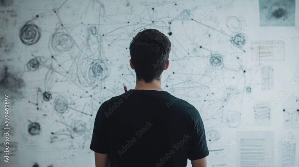 A person standing in front of a wall with a mind map, using markers to connect different concepts, emphasizing strategic thinking and idea organization. A person standing in front of a wall with a mind map, using markers to connect different concepts, emphasizing strategic thinking and idea organization.