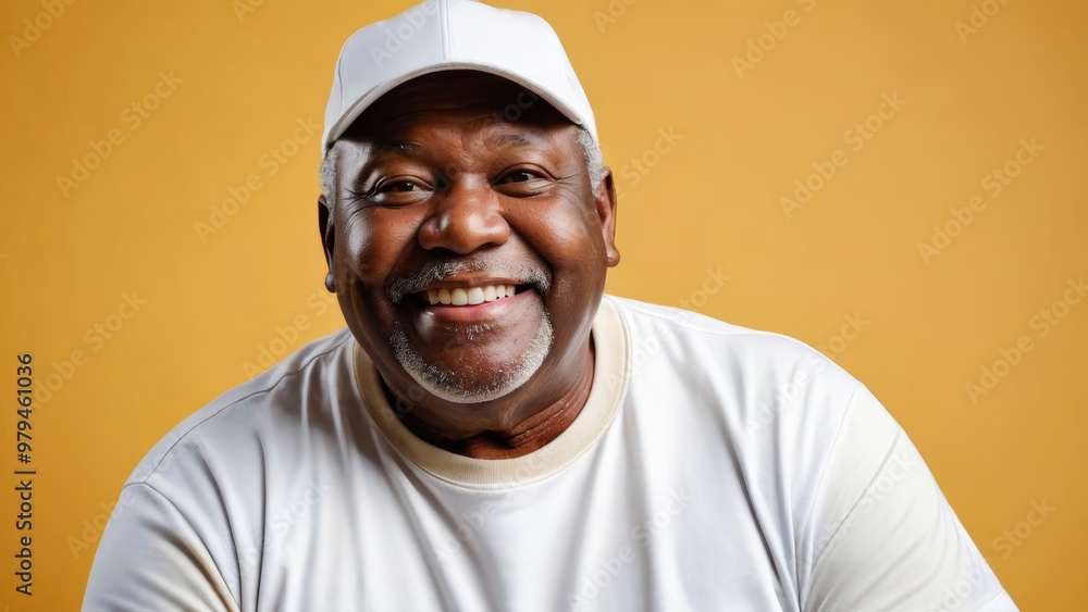 Plus size senior black man wearing white t-shirt and white baseball cap isolated on yellow background Plus size senior black man wearing white t-shirt and white baseball cap isolated on yellow background