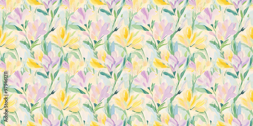 a fun-loving and dreamy abstract pattern of freesias painted in a naive impressionistic style with gouache