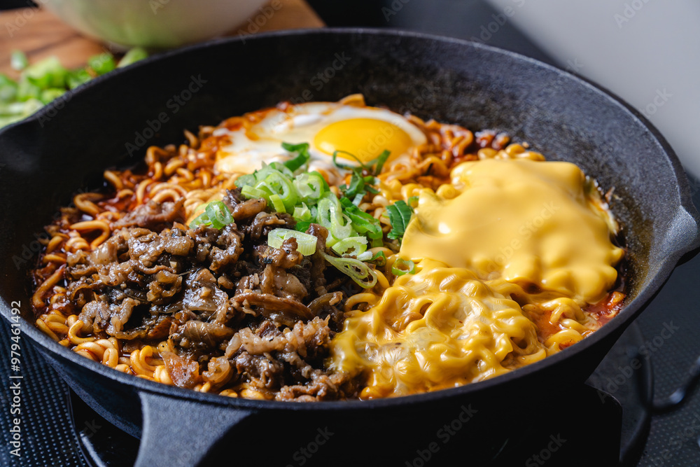 cooking savory ramen noodles topped with beef slice, egg and cheese in the cast iron skillet, with a spring onion as a garnish, kitchen setting cooking savory ramen noodles topped with beef slice, egg and cheese in the cast iron skillet, with a spring onion as a garnish, kitchen setting