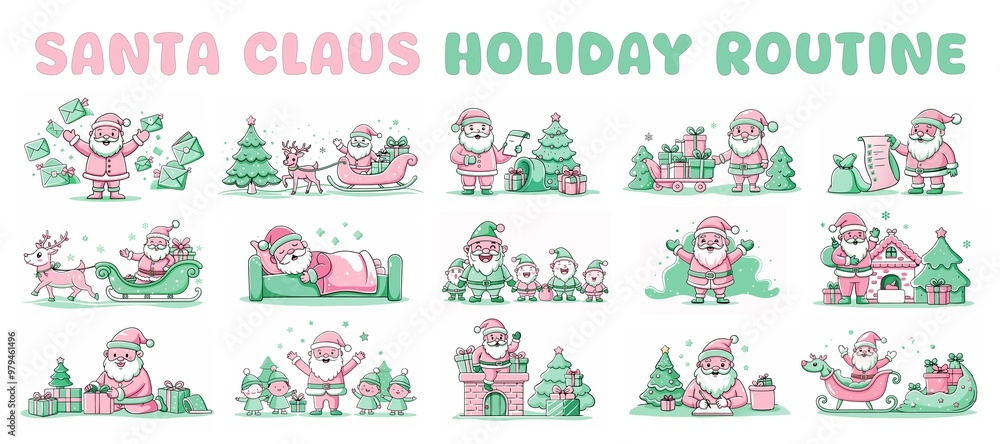 Set of illustrations about Santa's busy routine during holidays time, in delicate pale tones, on white background Set of illustrations about Santa's busy routine during holidays time, in delicate pale tones, on white background