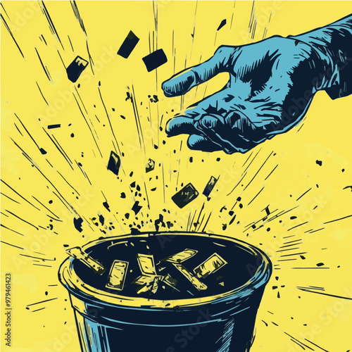 Comic-style illustration with a hand discarding small bricks into a bin, symbolizing wasteful practices. Ideal for financial or economic themes.