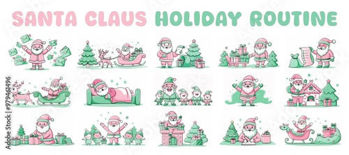Set of illustrations about Santa's busy routine during holidays time, in delicate pale tones, on white background