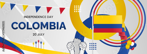 Colombia Independence Day banner. Creative horizontal poster with Colombian flag and raised hand. Modern background for national day greeting cards, holidays, sport events and web header