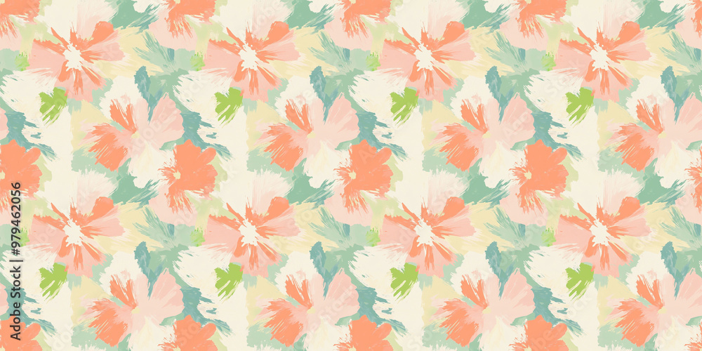 a fun-loving and dreamy abstract pattern of hibiscus painted in a naive impressionistic style with gouache a fun-loving and dreamy abstract pattern of hibiscus painted in a naive impressionistic style with gouache