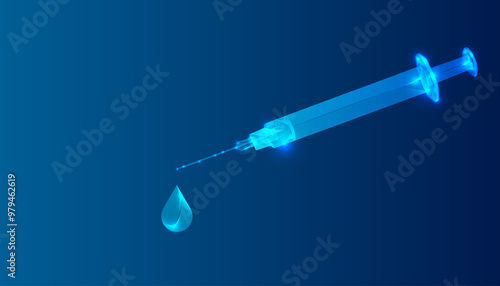 Vaccine in syringe. Low poly style design. Abstract geometric background.