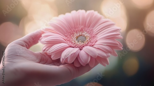A close-up of a hand holding a blooming flower against a soft background with the petals subtly forming the shape of a breast