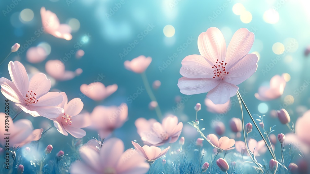 Delicate pink cosmos flowers bloom in a soft, dreamy light. Delicate pink cosmos flowers bloom in a soft, dreamy light.
