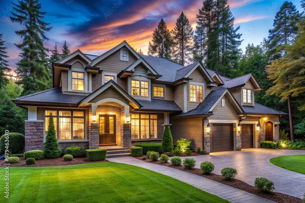 Stunning exterior of a fusion-style house blending classic and modern architecture, nestled among trees in a tranquil suburban neighborhood with a lush green lawn. Stunning exterior of a fusion-style house blending classic and modern architecture, nestled among trees in a tranquil suburban neighborhood with a lush green lawn.